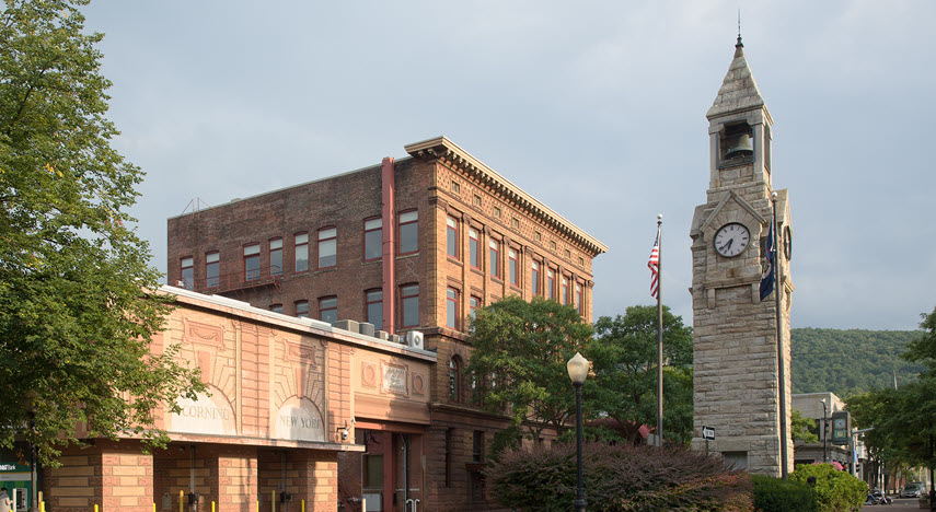 Picture of buildings and a clock tower in Corning, NY.