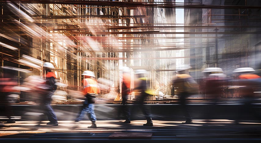 blurred image of construction workers walking