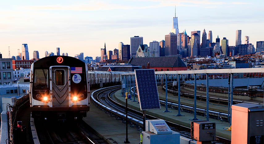 New York City subway train on tracks