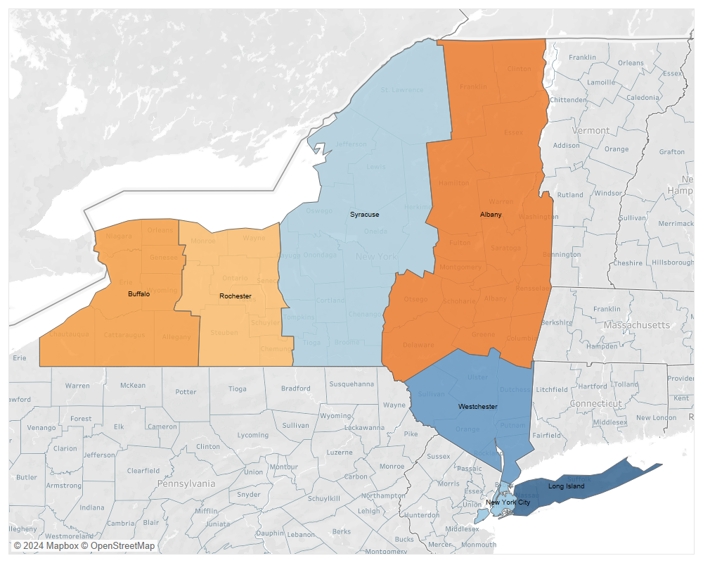 Map of 7 regions displayed by change in child care stabilization grants capacity.