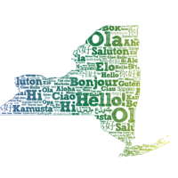 Map of NY state with hello written in multiple languages on it.